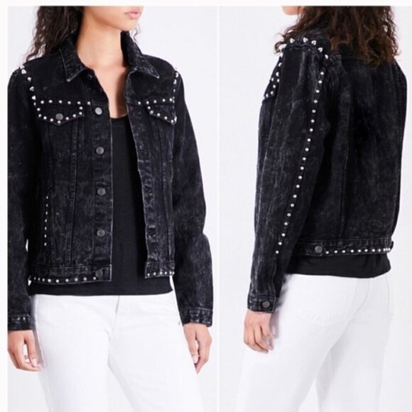 GRLFRND Bianca Black Denim Trucker Jacket Silver Spikes Studs Size S Revolve - Picture 1 of 13